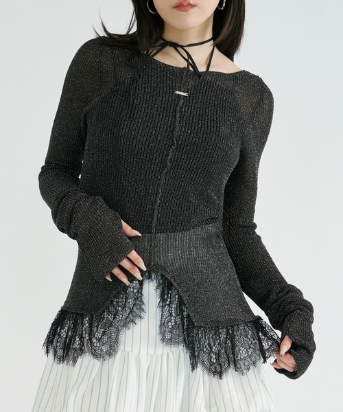 akiki　レース　ニット セール】lace-trimmed lame sheer knit ヘムレースラメシアーニット