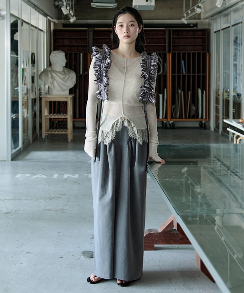 Ezick（エジック）の「lace-trimmed lame sheer knit ヘムレースラメシアーニット（ニット/セーター・レディース・ブラウン/アイボリー/ブラック・FREE）」の18枚目の写真