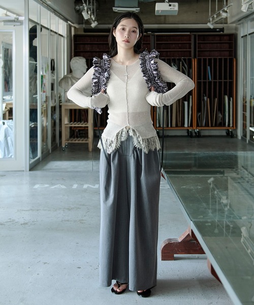 Ezick（エジック）の「lace-trimmed lame sheer knit ヘムレースラメシアーニット（ニット/セーター・レディース・ブラウン/アイボリー/ブラック・FREE）」の21枚目の写真