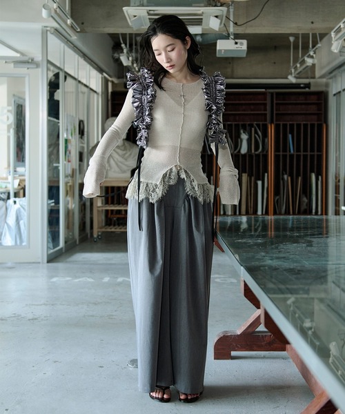 Ezick（エジック）の「lace-trimmed lame sheer knit ヘムレースラメシアーニット（ニット/セーター・レディース・ブラウン/アイボリー/ブラック・FREE）」の20枚目の写真