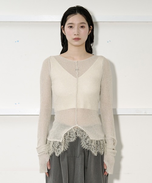 セール】lace-trimmed lame sheer knit ヘムレースラメシアーニット