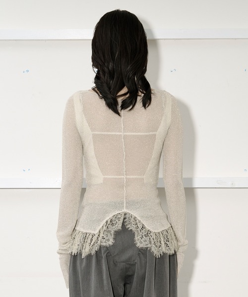 akiki　レース　ニット セール】lace-trimmed lame sheer knit ヘムレースラメシアーニット