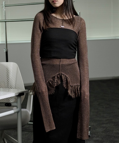Ezick（エジック）の「lace-trimmed lame sheer knit ヘムレースラメシアーニット（ニット/セーター・レディース・ブラウン/アイボリー/ブラック・FREE）」の5枚目の写真