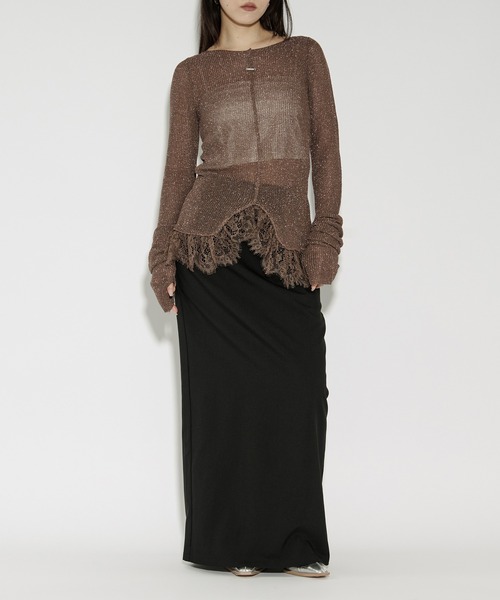 Ezick（エジック）の「lace-trimmed lame sheer knit ヘムレースラメシアーニット（ニット/セーター・レディース・ブラウン/アイボリー/ブラック・FREE）」の15枚目の写真