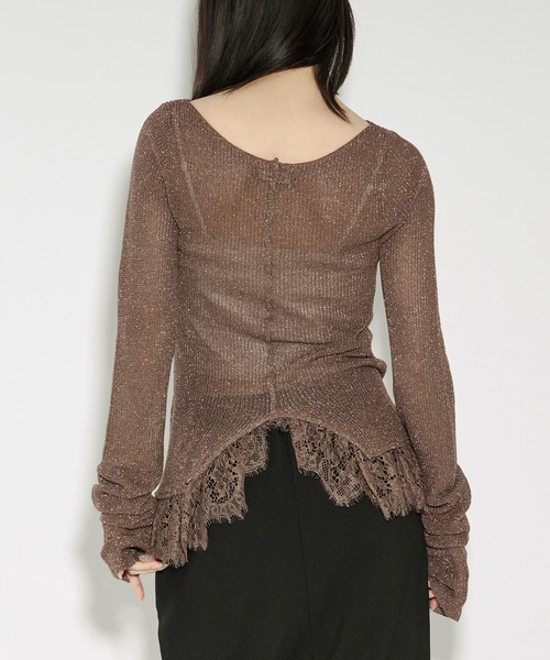 akiki　レース　ニット セール】lace-trimmed lame sheer knit ヘムレースラメシアーニット