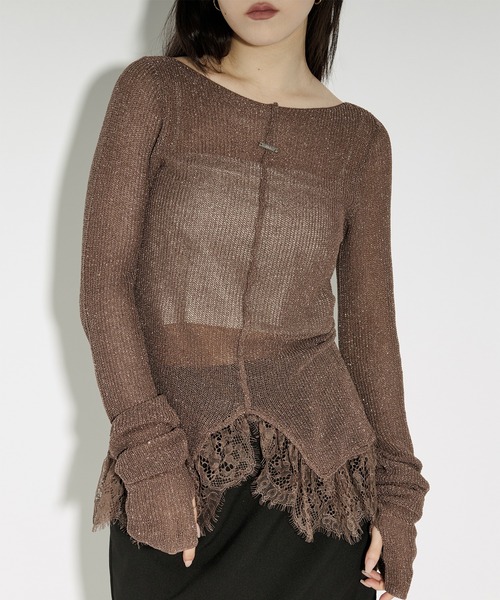 Ezick（エジック）の「lace-trimmed lame sheer knit ヘムレースラメシアーニット（ニット/セーター・レディース・ブラウン/アイボリー/ブラック・FREE）」の12枚目の写真