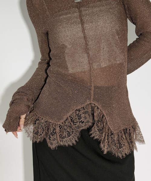 Ezick（エジック）の「lace-trimmed lame sheer knit ヘムレースラメシアーニット（ニット/セーター・レディース・ブラウン/アイボリー/ブラック・FREE）」の11枚目の写真