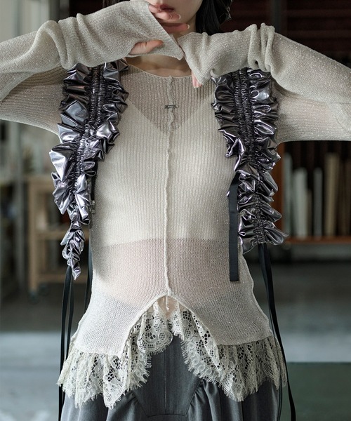 Ezick（エジック）の「lace-trimmed lame sheer knit ヘムレースラメシアーニット（ニット/セーター・レディース・ブラウン/アイボリー/ブラック・FREE）」の16枚目の写真