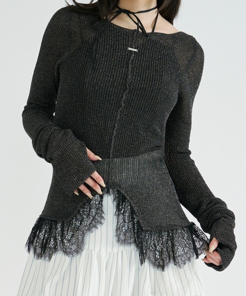 セール】lace-trimmed lame sheer knit ヘムレースラメシアーニット