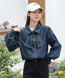 可愛いリボン付きデニムシャツ
