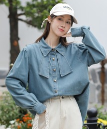 可愛いリボン付きデニムシャツ