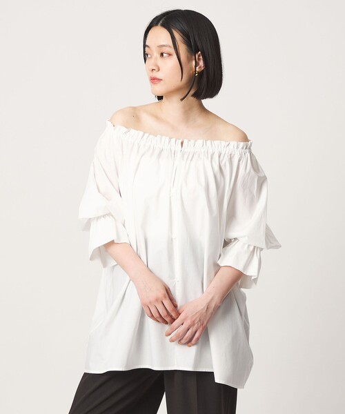 A DAY IN THE LIFE UNITED ARROWS(アデイインザライフユナイテッドアローズ)の「コットン ギャザーネック 2WAY シャツブラウス <A DAY IN THE LIFE>(シャツ/ブラウス・レディース・オフホワイト/ブラック・FREE)」の5枚目の写真