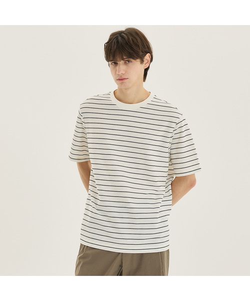MINDBRIDGE(マインドブリッジ)の「ツイルストライプセミオーバーフィット半袖Tシャツ(Tシャツ/カットソー・メンズ・ホワイト・95/100/105/110)」の1枚目の写真