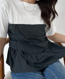 Tシャツ 半袖 ビスチェ風 レイヤード風 ドッキング ギャザー シャーリング 切替 体型カバー デザインTシャツ トップス 夏