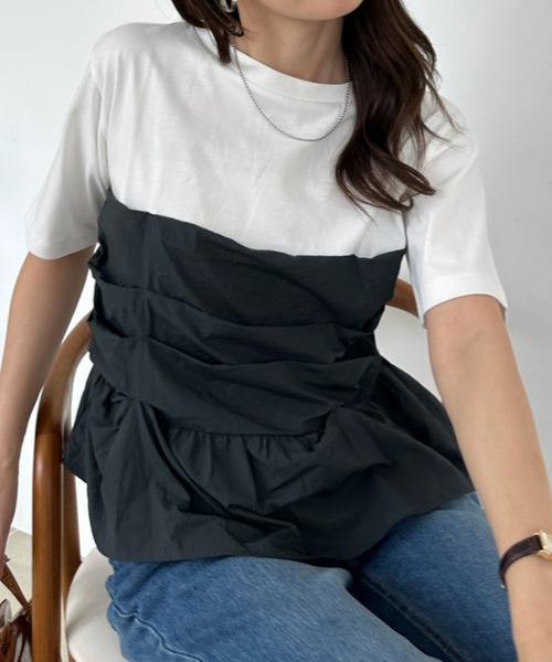 umune(ウムネ)の「Tシャツ 半袖 ビスチェ風 レイヤード風 ドッキング ギャザー シャーリング 切替 体型カバー デザインTシャツ トップス 夏(Tシャツ/カットソー・レディース・ブラウン/ネイビー/チャコールグレー・FREE)」の7枚目の写真