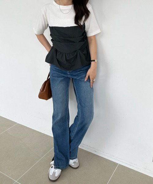 umune(ウムネ)の「Tシャツ 半袖 ビスチェ風 レイヤード風 ドッキング ギャザー シャーリング 切替 体型カバー デザインTシャツ トップス 夏(Tシャツ/カットソー・レディース・ブラウン/ネイビー/チャコールグレー・FREE)」の20枚目の写真