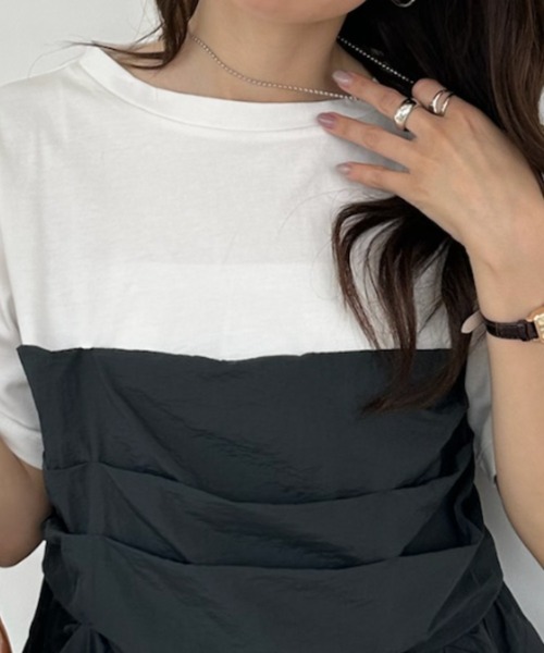 umune(ウムネ)の「Tシャツ 半袖 ビスチェ風 レイヤード風 ドッキング ギャザー シャーリング 切替 体型カバー デザインTシャツ トップス 夏(Tシャツ/カットソー・レディース・ブラウン/ネイビー/チャコールグレー・FREE)」の21枚目の写真