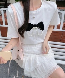 【2026春夏新作】パールビックリボンモチーフクルーネックTシャツ