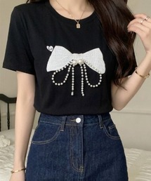 【2026春夏新作】パールビックリボンモチーフクルーネックTシャツ