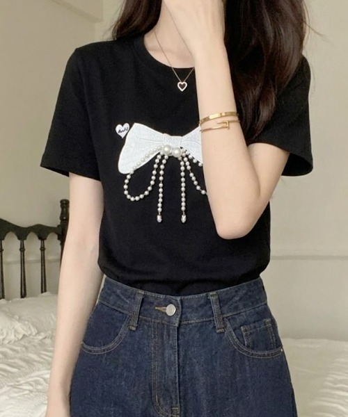 Mejoul(メジュール)の「【2026春夏新作】パールビックリボンモチーフクルーネックTシャツ(Tシャツ/カットソー・レディース・グレー/ブラック/ホワイト・F)」の14枚目の写真