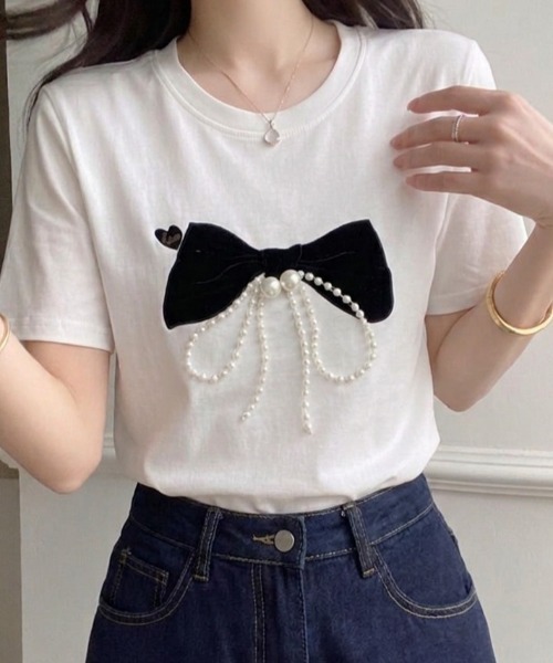 Mejoul(メジュール)の「【2026春夏新作】パールビックリボンモチーフクルーネックTシャツ(Tシャツ/カットソー・レディース・グレー/ブラック/ホワイト・F)」の10枚目の写真