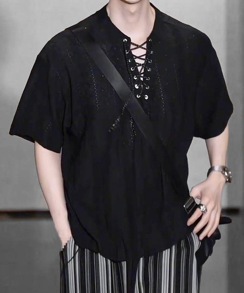JOHNNY WOLF（ジョニーウルフ）の「ISOLTE シアージャガード レースアップ ヘンリー ルーズTシャツ（Tシャツ/カットソー・メンズ・ホワイト/ブラック・L/M）」の3枚目の写真
