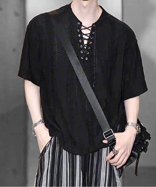 JOHNNY WOLF（ジョニーウルフ）の「ISOLTE シアージャガード レースアップ ヘンリー ルーズTシャツ（Tシャツ/カットソー・メンズ・ホワイト/ブラック・L/M）」の4枚目の写真