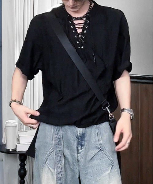 JOHNNY WOLF（ジョニーウルフ）の「ISOLTE シアージャガード レースアップ ヘンリー ルーズTシャツ（Tシャツ/カットソー・メンズ・ホワイト/ブラック・L/M）」の6枚目の写真