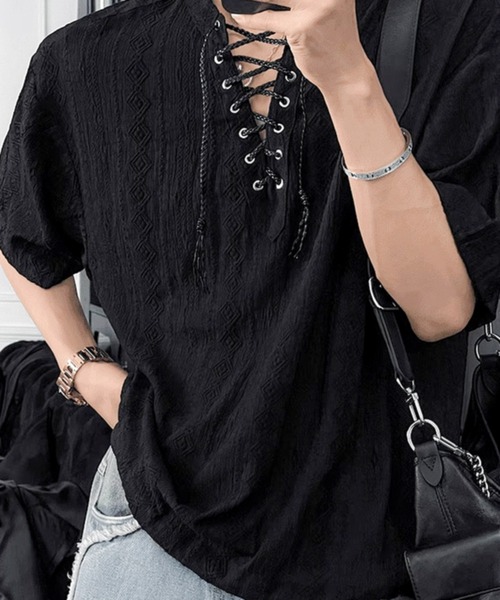 JOHNNY WOLF（ジョニーウルフ）の「ISOLTE シアージャガード レースアップ ヘンリー ルーズTシャツ（Tシャツ/カットソー・メンズ・ホワイト/ブラック・L/M）」の7枚目の写真