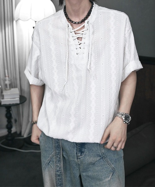 JOHNNY WOLF（ジョニーウルフ）の「ISOLTE シアージャガード レースアップ ヘンリー ルーズTシャツ（Tシャツ/カットソー・メンズ・ホワイト/ブラック・L/M）」の9枚目の写真