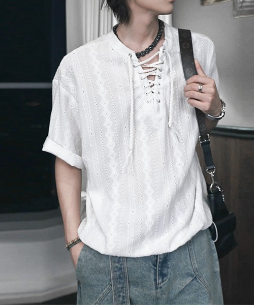 JOHNNY WOLF（ジョニーウルフ）の「ISOLTE シアージャガード レースアップ ヘンリー ルーズTシャツ（Tシャツ/カットソー・メンズ・ホワイト/ブラック・L/M）」の10枚目の写真