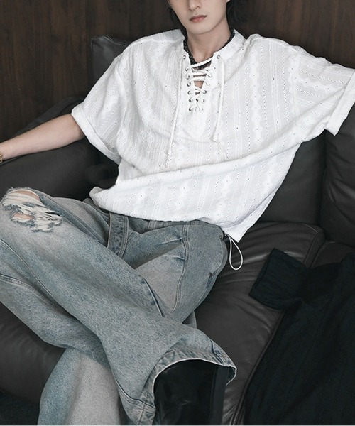 JOHNNY WOLF（ジョニーウルフ）の「ISOLTE シアージャガード レースアップ ヘンリー ルーズTシャツ（Tシャツ/カットソー・メンズ・ホワイト/ブラック・L/M）」の11枚目の写真