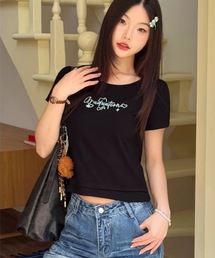 バックレースアップTシャツ 半袖 刺繍 ショート丈 タイト バレエコア 韓国風 Y2K トレンド