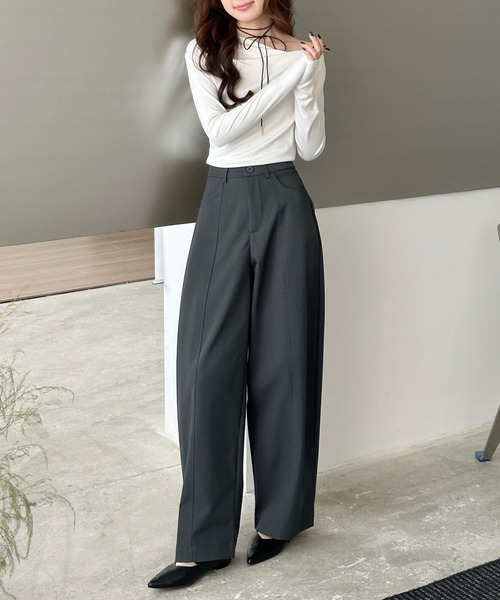 DAY CLOSET（デイ クローゼット）の「【大きいサイズ有】ゆるっと華奢魅せワイドシルエット。ツイルハイウエストカーブパンツ スラックス レディース（スラックス・レディース・ブラック/ダークグレー/ダークブラウン/キナリ・M/S/L/XL）」の17枚目の写真