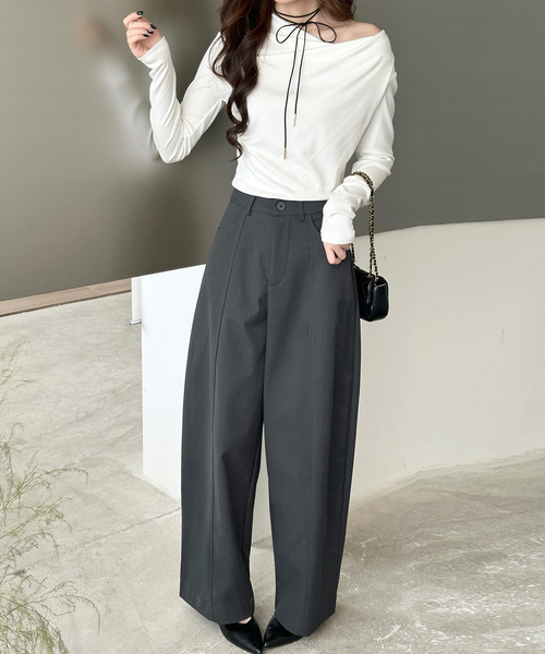 DAY CLOSET（デイ クローゼット）の「【大きいサイズ有】ゆるっと華奢魅せワイドシルエット。ツイルハイウエストカーブパンツ スラックス レディース（スラックス・レディース・ブラック/ダークグレー/ダークブラウン/キナリ・M/S/L/XL）」の18枚目の写真