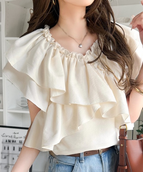 mily bilet(ミウィビレット)の「【mily bilet】ひらり、上品。甘さふわっと香る♪華奢見え、前後2wayノースリーブカシュクールブラウス(シャツ/ブラウス・レディース・アイボリー/チャコール/サックスブルー・SMALL/MEDIUM/LARGE/X-LARGE)」の1枚目の写真