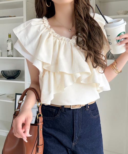 mily bilet(ミウィビレット)の「【mily bilet】ひらり、上品。甘さふわっと香る♪華奢見え、前後2wayノースリーブカシュクールブラウス(シャツ/ブラウス・レディース・アイボリー/チャコール/サックスブルー・SMALL/MEDIUM/LARGE/X-LARGE)」の14枚目の写真