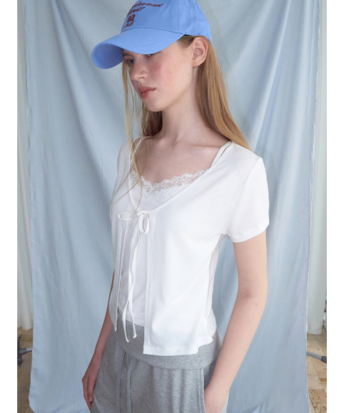 ETMON（エトモン）の「Lace Layered Cardigan T-Shirt, White（Tシャツ/カットソー・レディース・その他・F）」の2枚目の写真