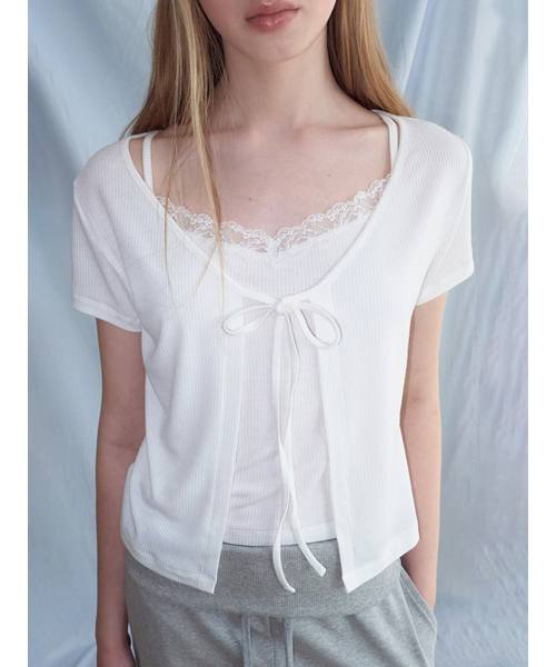 ETMON（エトモン）の「Lace Layered Cardigan T-Shirt, White（Tシャツ/カットソー・レディース・その他・F）」の4枚目の写真