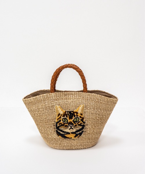 【美品】VIOLAd'ORO ヴィオラドーロ アバカ カゴバッグ 刺繍 ネコ VIOLAd'ORO/ヴィオラドーロ】かごバッグ 刺繍ワッペン入りアバカ製