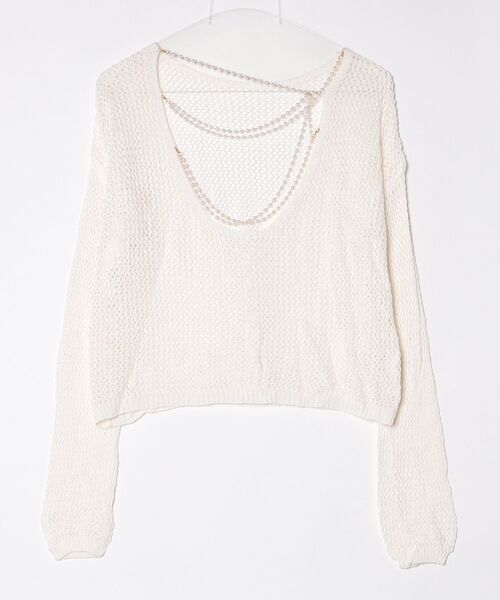 gossip！ロサンゼルス（ゴシップロサンゼルス）の「Y2Kパールチェーン付き バックオープン メッシュニット プルオーバー（Tシャツ/カットソー・レディース・オフホワイト・M）」の2枚目の写真
