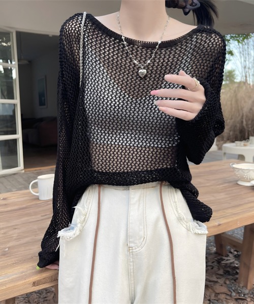 gossip！ロサンゼルス（ゴシップロサンゼルス）の「Y2Kパールチェーン付き バックオープン メッシュニット プルオーバー（Tシャツ/カットソー・レディース・オフホワイト・M）」の8枚目の写真