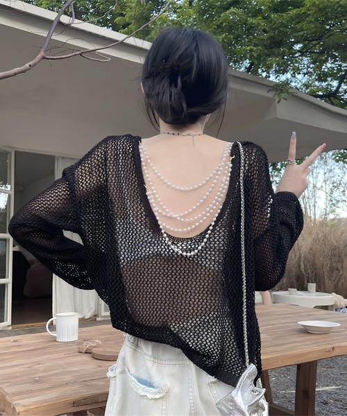 gossip！ロサンゼルス（ゴシップロサンゼルス）の「Y2Kパールチェーン付き バックオープン メッシュニット プルオーバー（Tシャツ/カットソー・レディース・オフホワイト・M）」の10枚目の写真