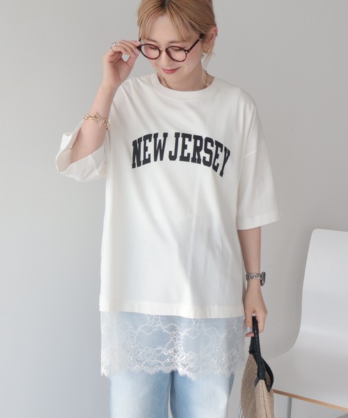 AMERICAN HOLIC(アメリカンホリック)の「カレッジロゴレースドッキングTシャツ(Tシャツ/カットソー・レディース・チャコールグレー/オフホワイト/ブラック・FREE)」の1枚目の写真