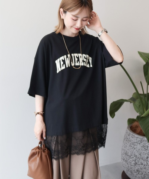 AMERICAN HOLIC(アメリカンホリック)の「カレッジロゴレースドッキングTシャツ(Tシャツ/カットソー・レディース・チャコールグレー/オフホワイト/ブラック・FREE)」の2枚目の写真