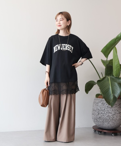 AMERICAN HOLIC(アメリカンホリック)の「カレッジロゴレースドッキングTシャツ(Tシャツ/カットソー・レディース・チャコールグレー/オフホワイト/ブラック・FREE)」の4枚目の写真