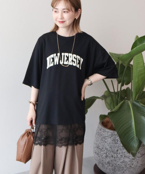 AMERICAN HOLIC(アメリカンホリック)の「カレッジロゴレースドッキングTシャツ(Tシャツ/カットソー・レディース・チャコールグレー/オフホワイト/ブラック・FREE)」の6枚目の写真