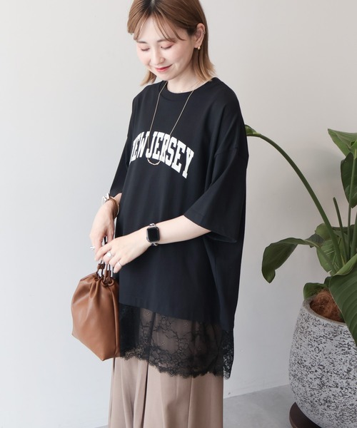 AMERICAN HOLIC(アメリカンホリック)の「カレッジロゴレースドッキングTシャツ(Tシャツ/カットソー・レディース・チャコールグレー/オフホワイト/ブラック・FREE)」の7枚目の写真
