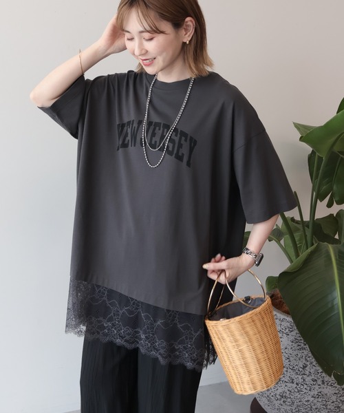 AMERICAN HOLIC(アメリカンホリック)の「カレッジロゴレースドッキングTシャツ(Tシャツ/カットソー・レディース・チャコールグレー/オフホワイト/ブラック・FREE)」の10枚目の写真