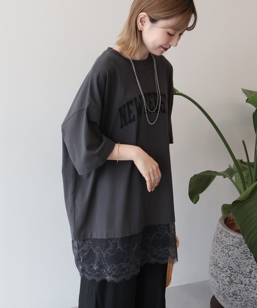 AMERICAN HOLIC(アメリカンホリック)の「カレッジロゴレースドッキングTシャツ(Tシャツ/カットソー・レディース・チャコールグレー/オフホワイト/ブラック・FREE)」の12枚目の写真